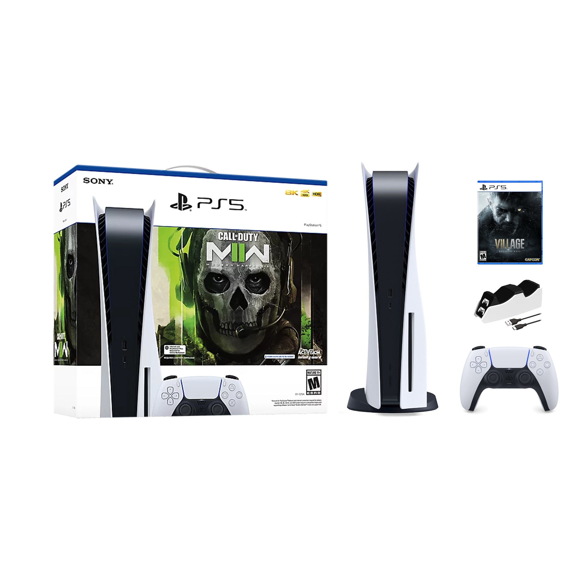 PlayStation 5 Disc Edition Call of Duty Modern Warfare II Bundle with Resident Evil 8 and Mytrix Controller Charger PlayStation 5 Disc Edition Call of Duty Modern Warfare II Bundle with Resident Evil 8 and Mytrix Controller Charger